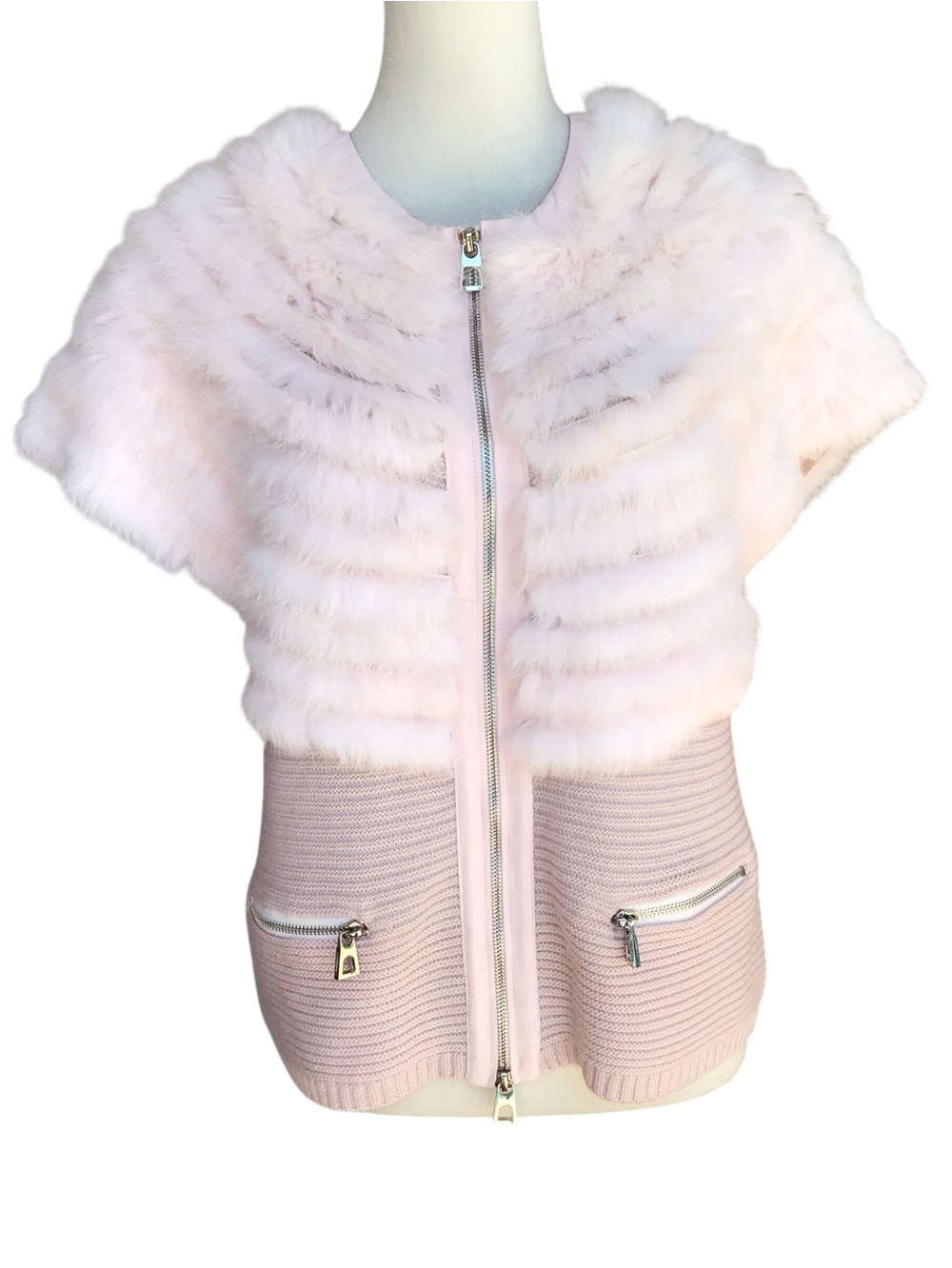 Ananke Blush Pink Merino Wool Sweater Top Fur Trim